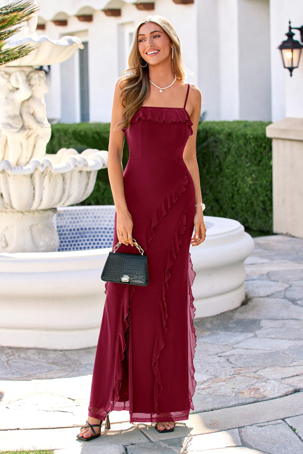 PRETTYGARDEN Women Bodycon Maxi Dress Mesh Ruffle Spaghetti Strap Square Neck Formal Cocktail Wedding Guest Spring Dresses(Burgundy,Medium)