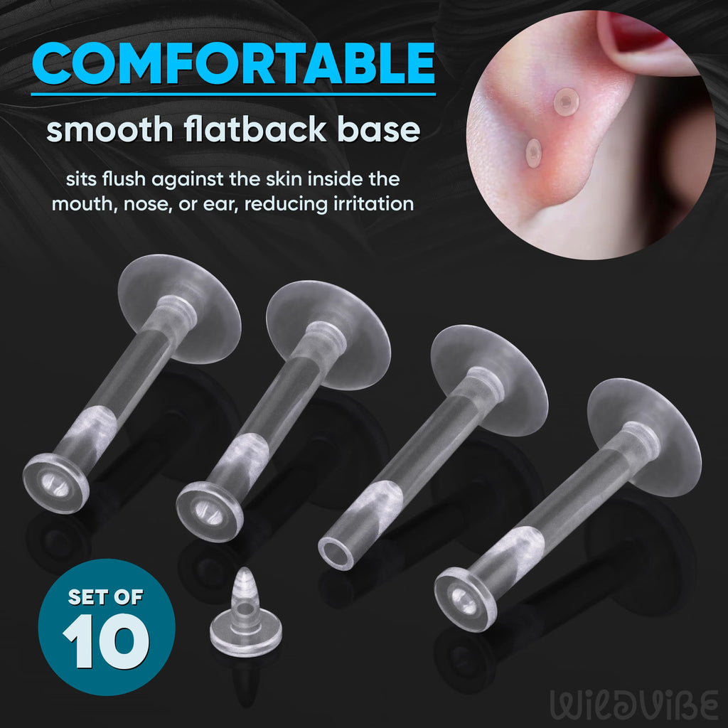 WildVibe 16g Clear Earrings for Sports, Work, Surgery - Bioflex Plastic Earrings Tragus Piercing Jewelry Clear Labret Retainer Piercings 10pc Set - Plastic Stud Earrings for Cartilage Helix Tragus Lip Medusa Monroe - 8mm (5/16)