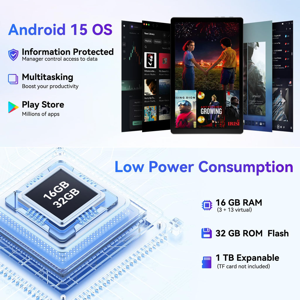 Tablet 10 Inch Android 15 OS GMS Certified Tablets PC 1.8 GHz 5-Core 16 (3+13) GB RAM 32 GB ROM 1 TB Expandable 1280x800 HD IPS Touch Screen 5000 mAh WiFi 6 Bluetooth 5.4 Dual Camera 2025 (Black)