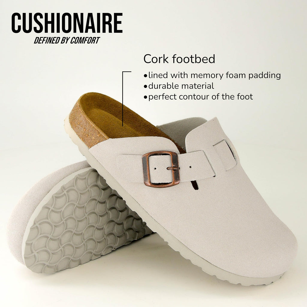 CUSHIONAIRE Hana Womens Clogs | Comfortable Vegan Suede Clogs for Women | Slip On Potato Shoes with Cork Footbed & Arch Support, Ivory 11