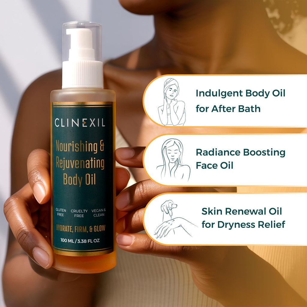 Clinexil After Shower Body Oil for Women- Hydrating & Firming Natural Moisturizer for Dry Skin-Cold Pressed Jojoba, Baobab, Sea Buckthorn & Vitamin E – Non-Greasy, fast absorbing Skin Oil – 3.38 oz