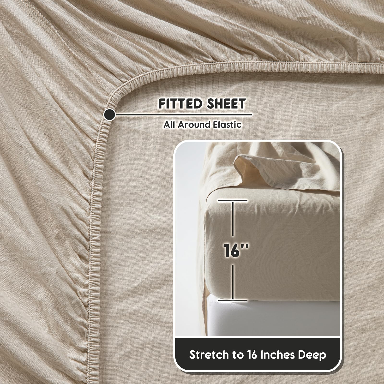 SONORO KATE 100% French Pure Linen Sheets, Breathable and Durable Linen King Size Sheets, Anti-Tear Linen Bed Sheets, Machine Washable, 16 Inch Deep Pocket - 4 Piece (Natural Linen, King)