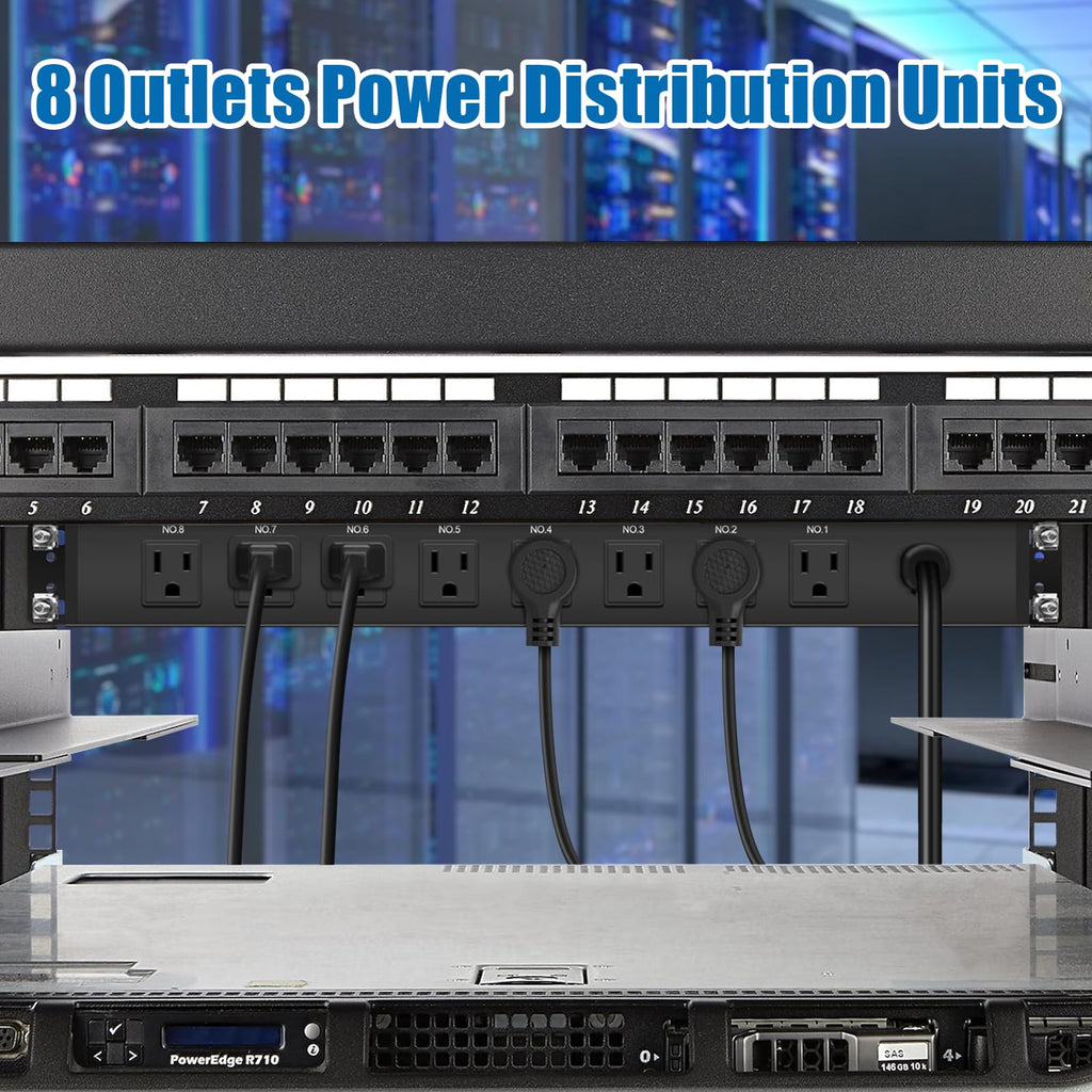 HHSOET 1U Rack Mount Surge Protection, 8 Outlet PDU Power Strip, Metal Mountable Outlet Strip with Switch,1200J, 6ft Power Cord.