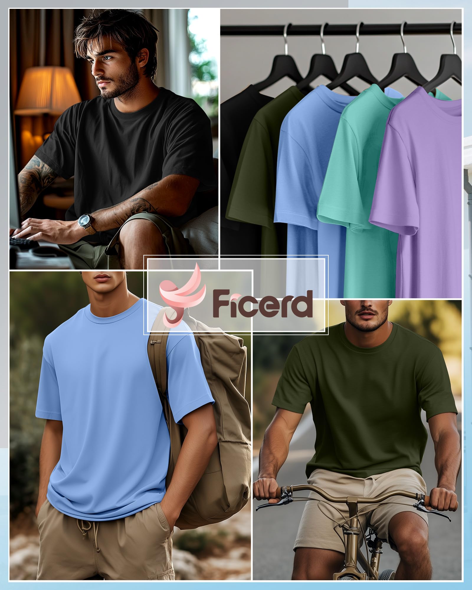 Ficerd 5 Pack Men's Big and Tall Shirts Short Sleeve Cotton Tee Summer Crew Neck Oversize Top Loose Fit Shirt Multipack(Black, Army Green, Sky Blue, Teal, Lavender Purple,6X-Large)