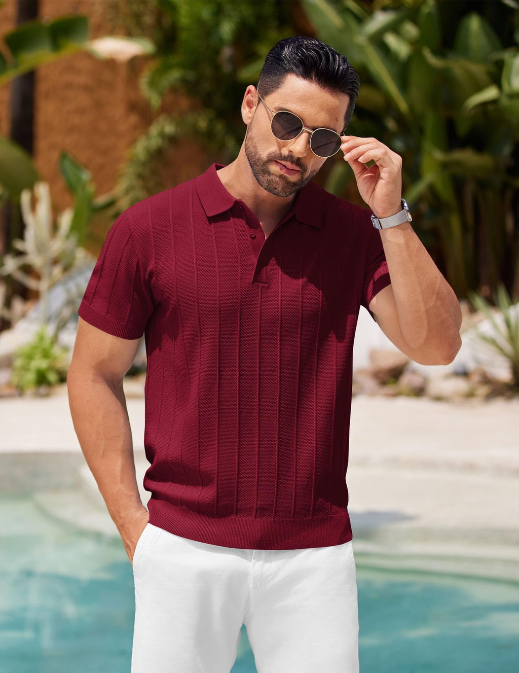 COOFANDY Mens Golf Shirt Ribbed Knitted Polo Shirts Business Casual Polos Shirt Vintage Textured Collared Shirts Trendy Summer Clothes 2025 Wine Red
