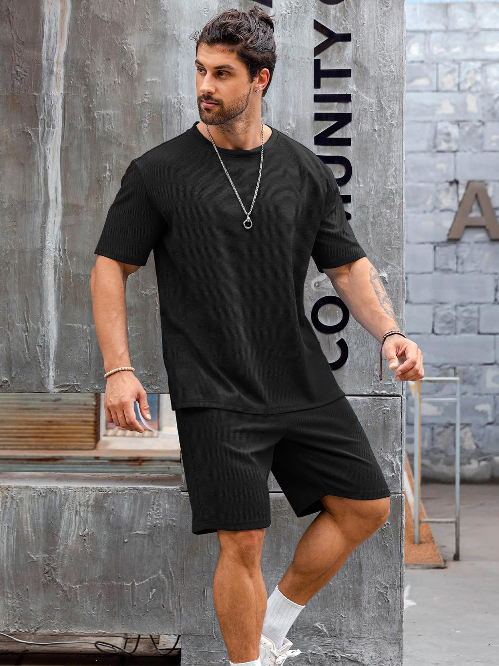 Babioboa Men's Casual set Tee TShirt Suit 2 pockets two piece outfit Homewear Summer oversize Tracksuit for men(Black,S)