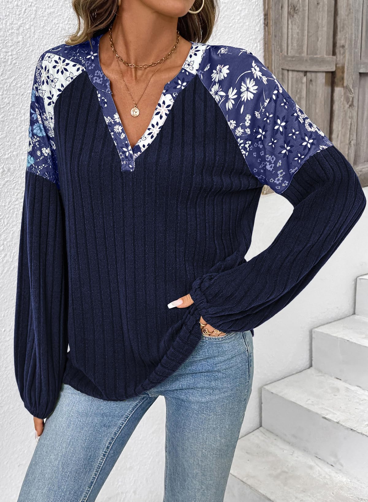 Acelitt Sweaters for Women V Neck Casual Knit Long Sleeve Tops Lightweight Pullover Clothes Fall Fashion Outfits 2025 Winter Clothing Blue Medium
