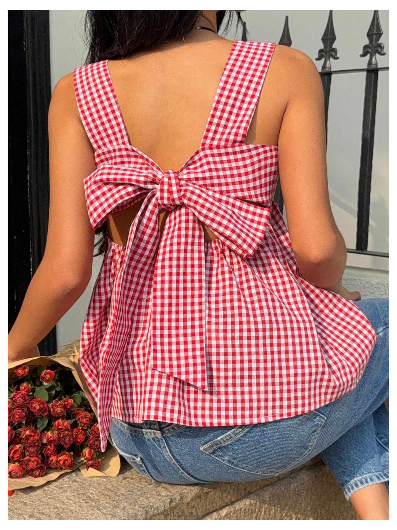 WDIRARA Women's Square Neck Tie Back Tank Top Plaid Peplum Babydoll Tops Red and White XX-Large