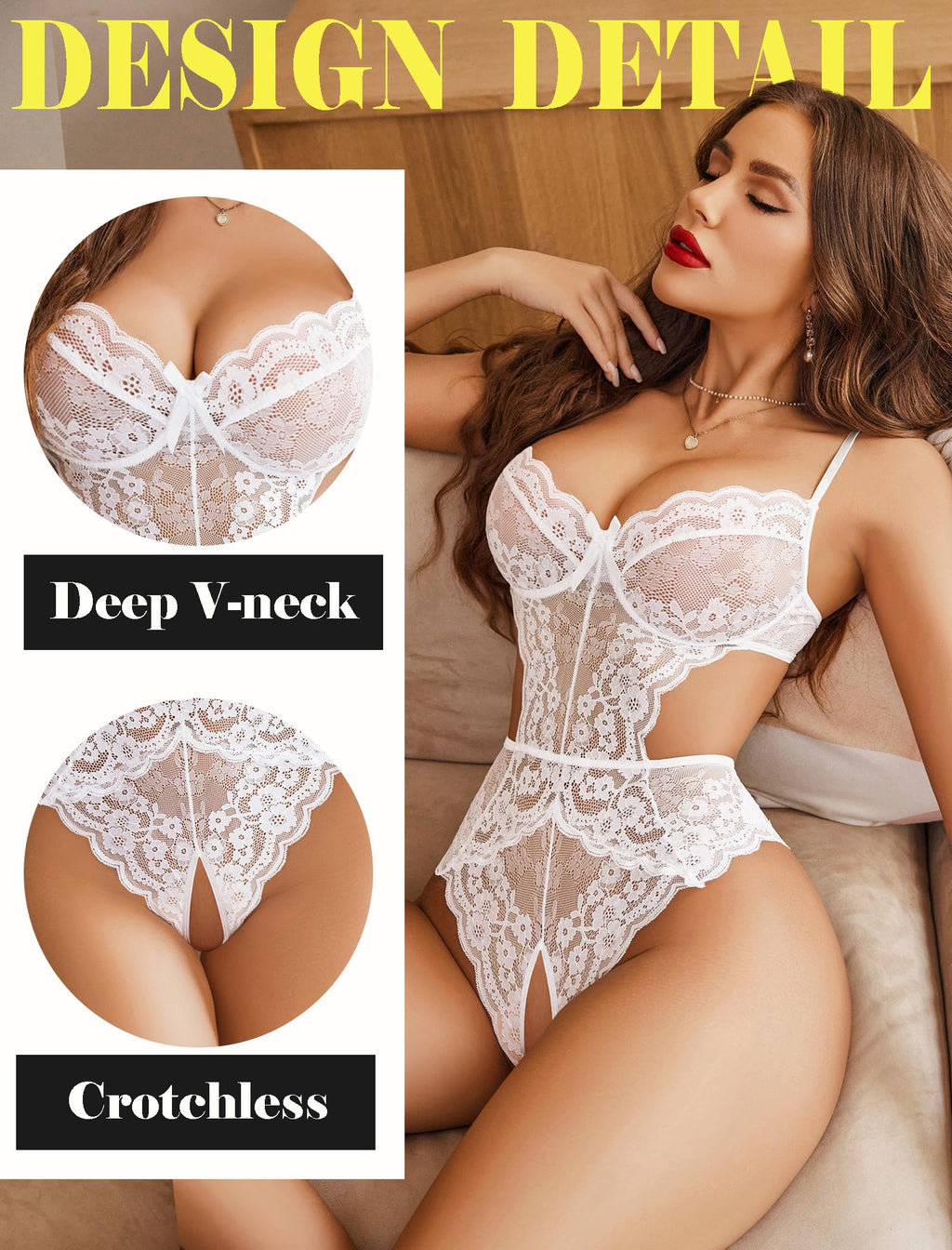 Avidlove Teddy Lingerie Womens Sexy Body Suits Wedding One Piece Mini Babydoll Lace (White,L)
