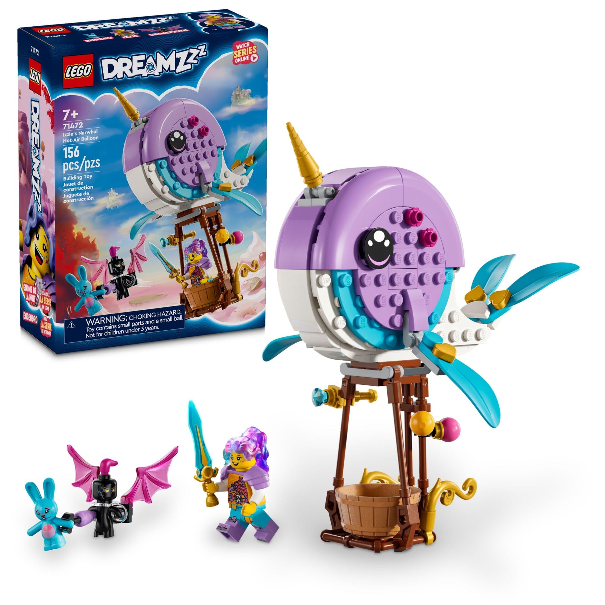 LEGO DREAMZzz Izzie's Narwhal Hot-Air Balloon Deep-Sea Animal Toy, Save Bunchu from a Grimspawn, Transforming Whale Figure for Kids, Bunny Toy for Boys and Girls 7 Years Old and Up, 71472