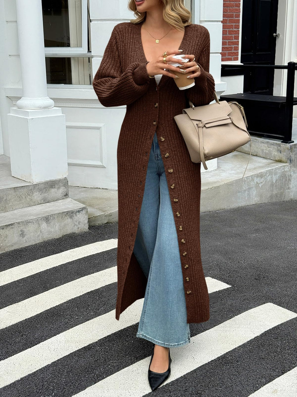 Saodimallsu Womens Long Cardigans V Neck Button Down Chunky Knit Dusters Sweater Coat Fall Trendy Maxi Sweater Dress Brown