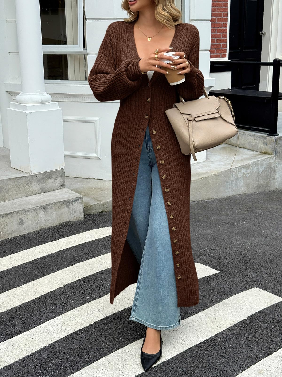 Saodimallsu Womens Long Cardigans V Neck Button Down Chunky Knit Dusters Sweater Coat Fall Trendy Maxi Sweater Dress Brown