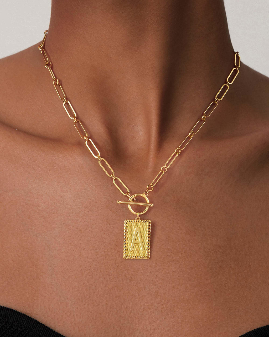 Tewiky Gold Initial Necklaces for Women, Toggle Clasp Square Letter Pendant Necklace Trendy 14K Gold Plated Dainty Paperclip Chain Necklaces for Women Jewelry Gifts