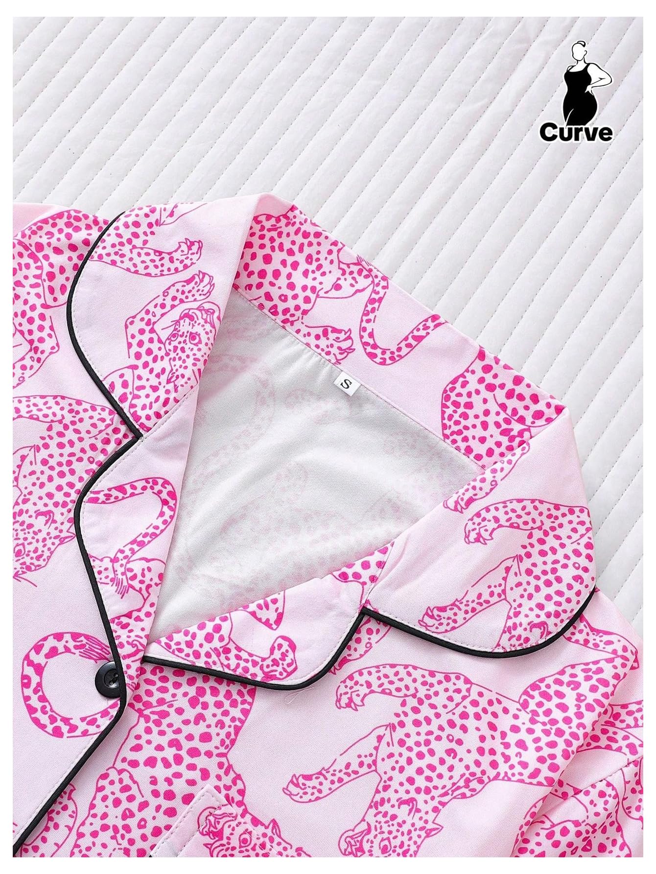 WDIRARA Women's Two Piece Animal Print Short Sleeve Button Shirt and Elastic Waist Shorts Pajama Set Hot Pink Medium