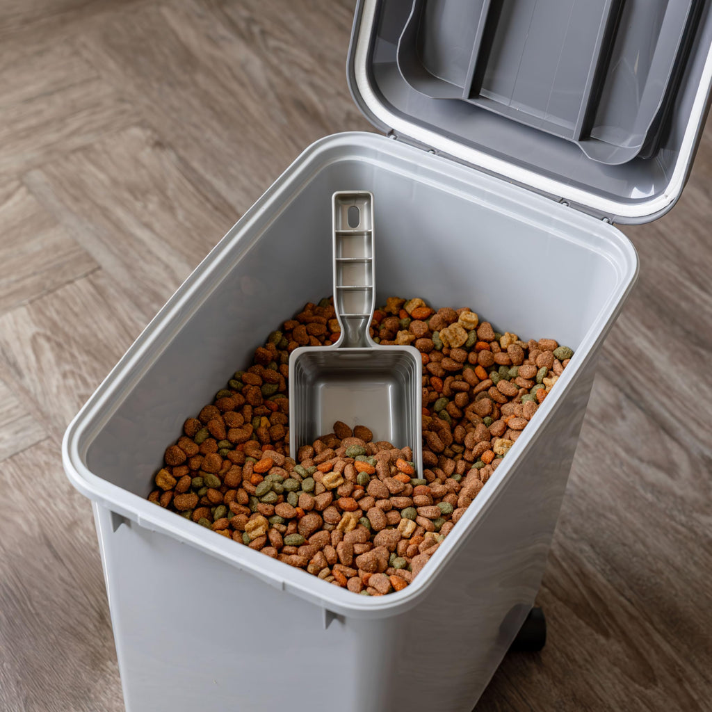 IRIS USA Dog Food Storage Container with Wheels, Airtight Lid, 2-Cup Scoop, Up to 30 Pounds Pet Food Storage, Built in Scoop Storage in Lid, Pet Food Bin, Portable, BPA Free, 2 Pack, Gray/Dark Gray