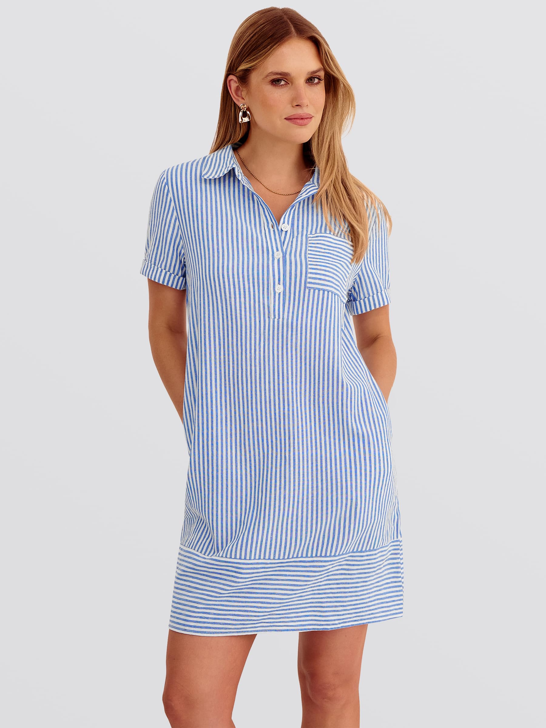ANRABESS Womens Summer Shirt Dresses Casual Short Sleeve Button Tshirt Shift Short Polo Dress 2026 Beach Vacation Clothes Blue White Stripe Small