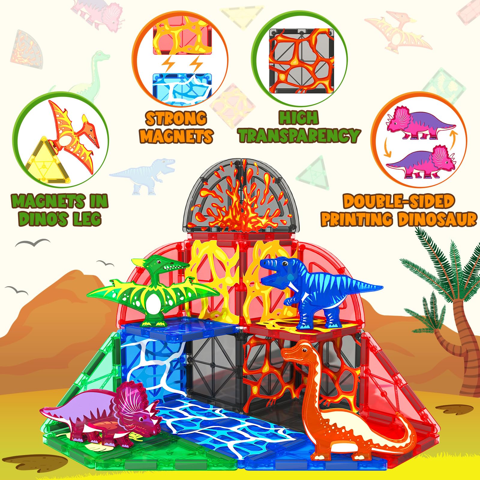 Coodoo Dinosaur Toys Magnetic Tiles Lava Dinosaur World Set - Magnetic Blocks Building for Kids 3-5 5-7 Girls Boys Toy Age 4-6 6-8, Classroom Must Haves Toddler Sensory for 3+ Year Old Kids Toys