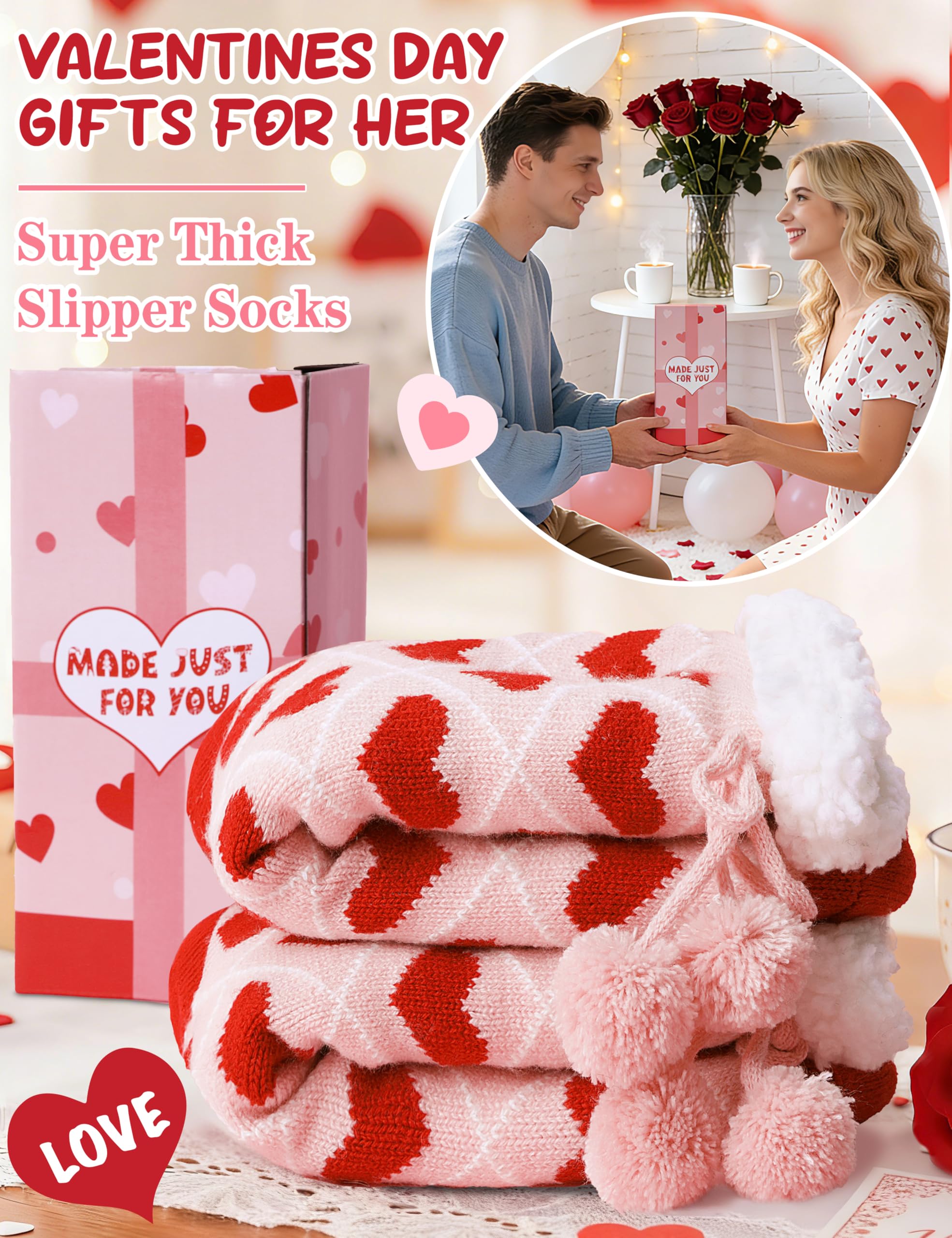 MOGGEI Fuzzy Slipper Socks for Women Galentines Day Gifts Fluffy Thermal Warm Winter Thick Cozy Non Slip Grips Plush Cabin Comfy Heart Socks Stocking Stuffers