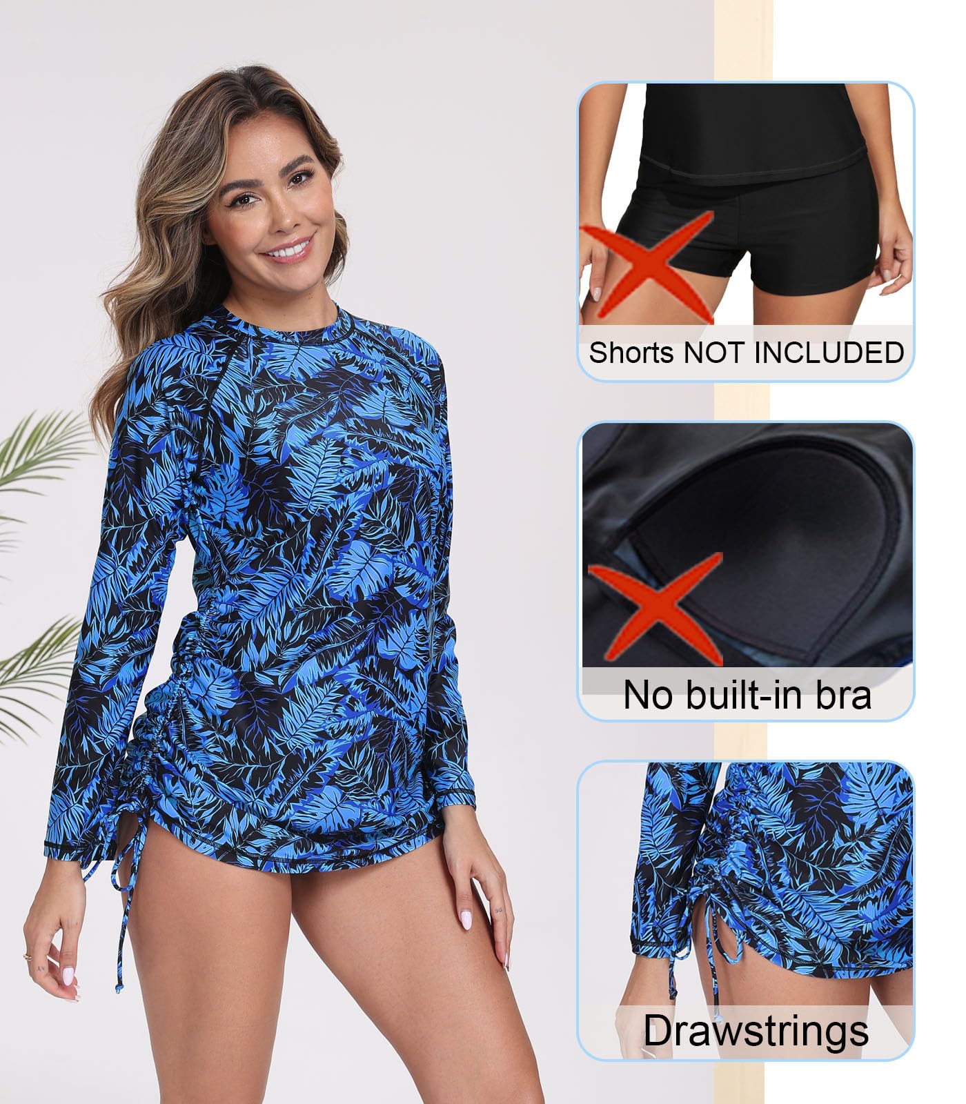 Halcurt Women's Long Sleeve Rash Guard Swim Shirt with Tie Drawstring UPF 50+ Sun Protection Swimsuit Top Black Turquoise Leaves M