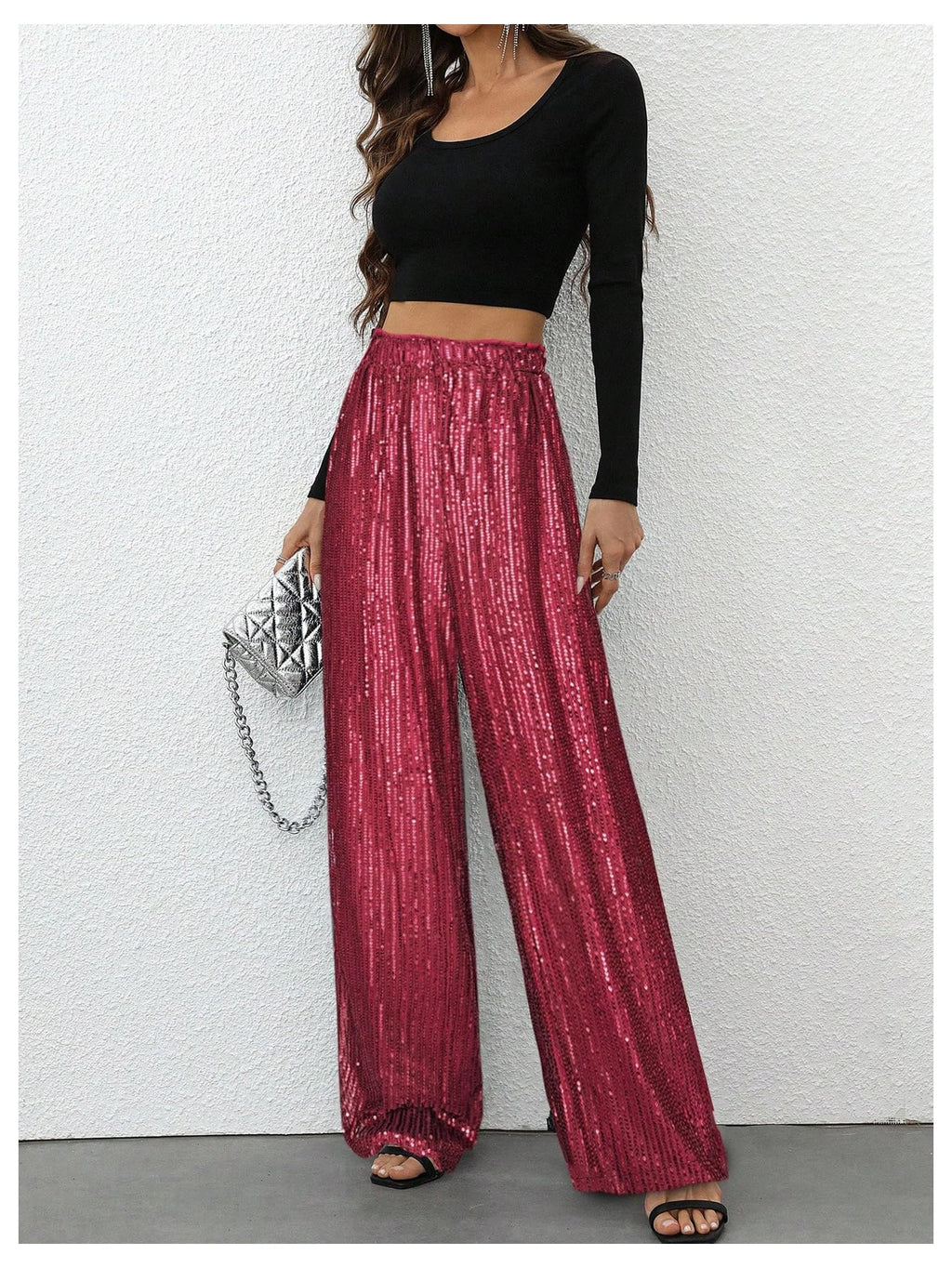 WDIRARA Women's Sequin Sparkle Pants Elastic Waist Wide Leg Party Club Trousers Burgundy Small