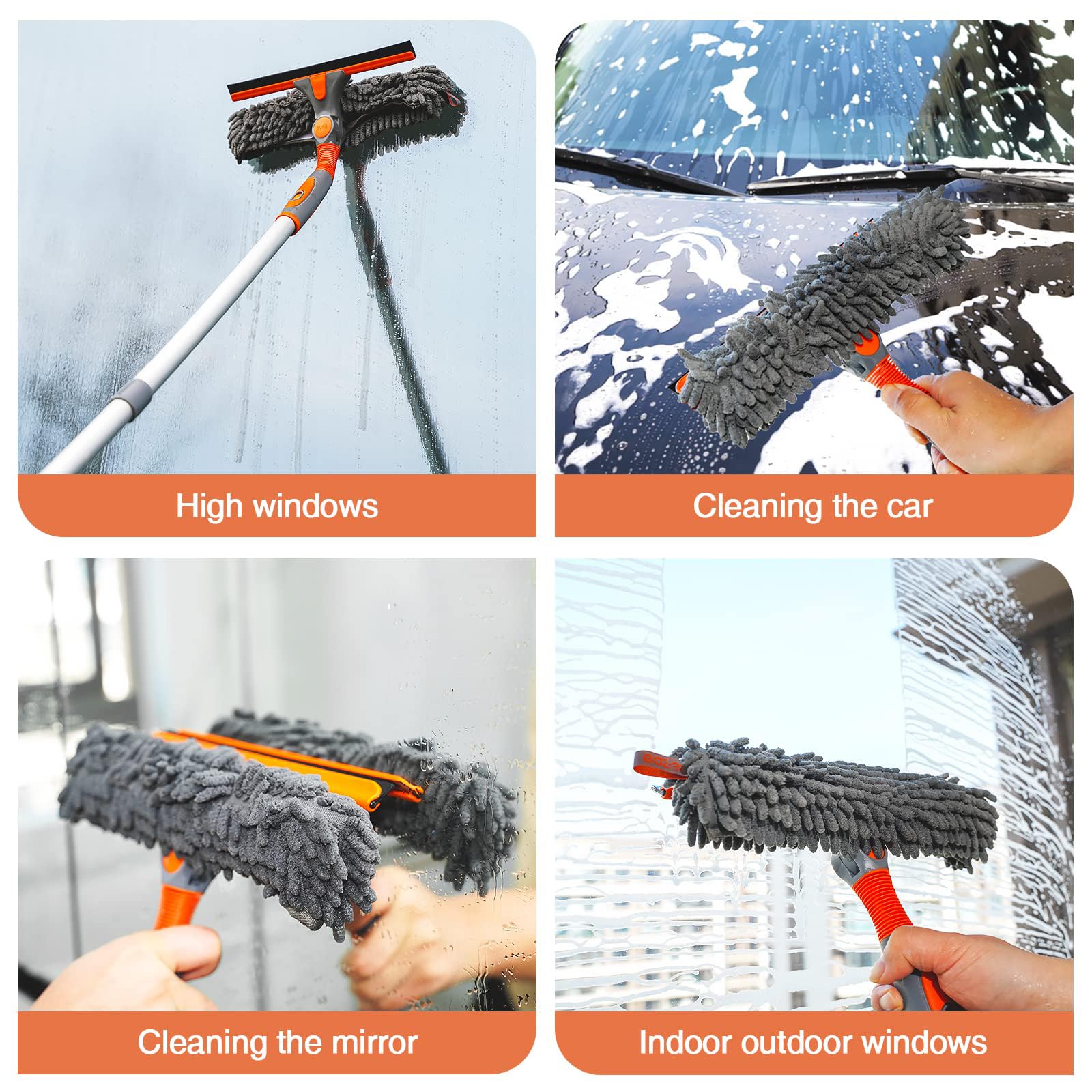 Eazer Squeegee Window Cleaner Tool, 2 in 1 Rotatable Window Cleaning Squeegee Kit with Extension Pole, 62'' Window Washing Kit, Bendable Head for Car Glass - 2 Scraper