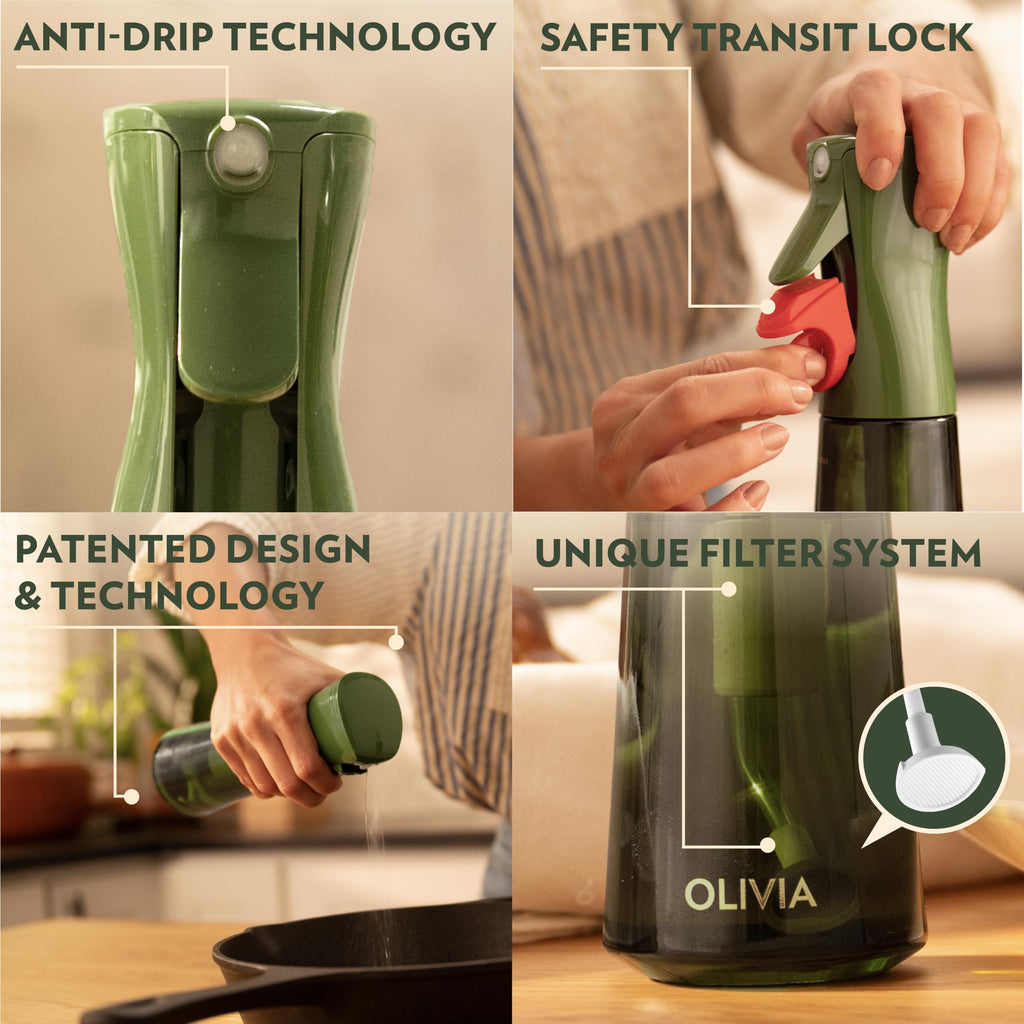 FLAIROSOL OLIVIA Oil Sprayer for Cooking, 200ml Glass Olive Oil Sprayer, Continuous Cooking Spray with Portion Control, Oil Dispenser for Kitchen, Air Fryer, Salad, BBQ (Green Bottle, Gold Print)