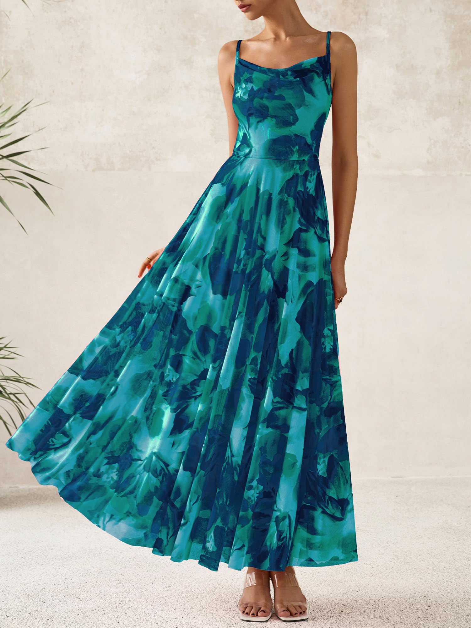 BTFBM Women Summer Floral Maxi Dresses Elegant Spaghetti Strap Dress Printed Party Dress Beach Long Dresses(Floral Lake Blue,Large)