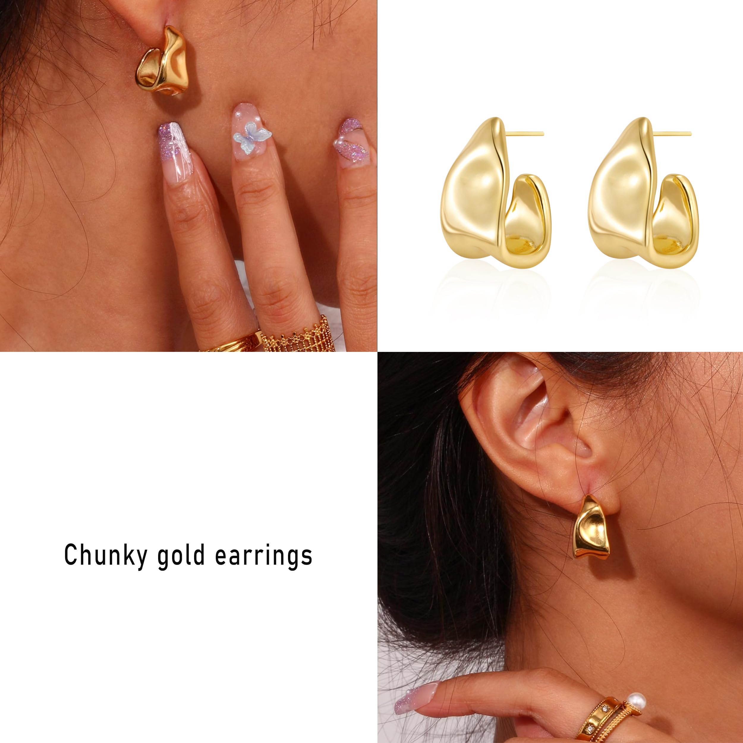 Amicon Gold Earrings for Women,14k Gold Plated Chunky Stud Earrings Statement, Cute Hypoallergenic Trendy Jewelry Gifts, Square-GD