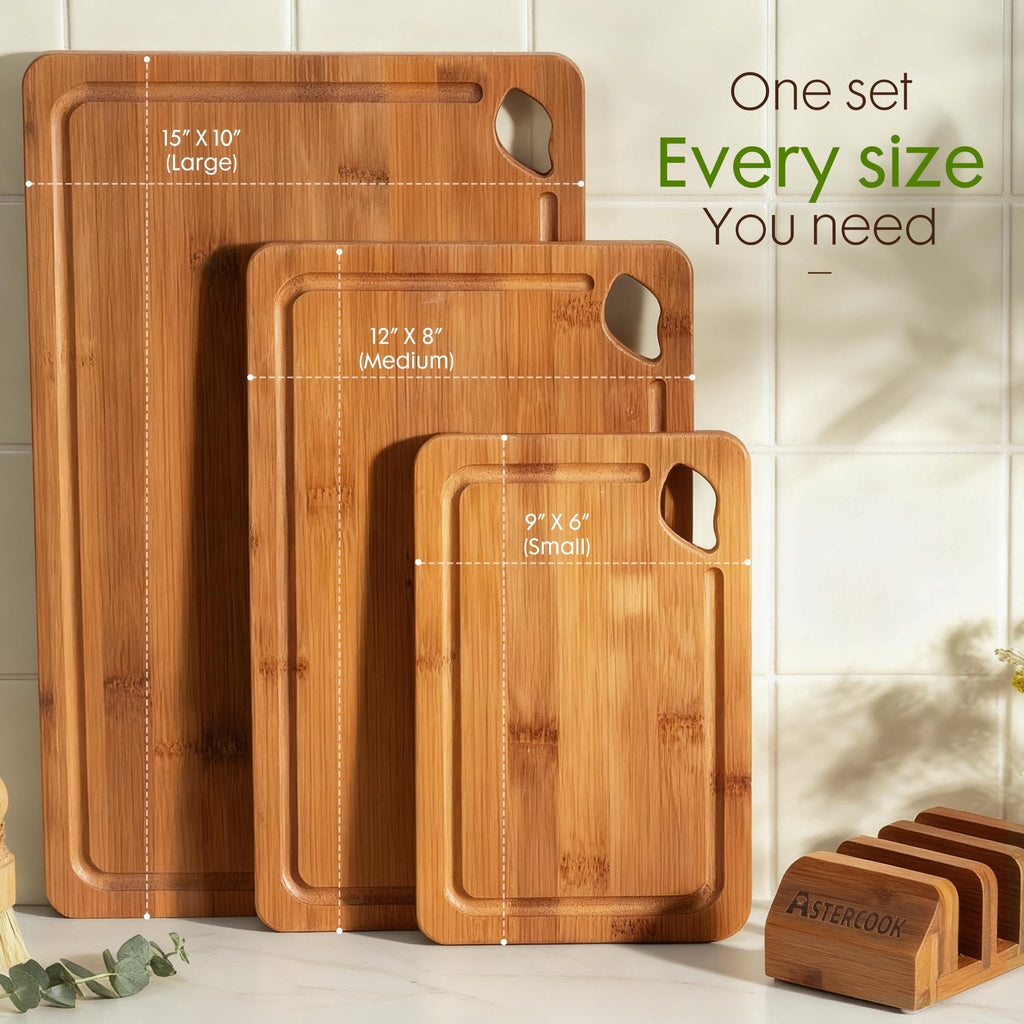 Astercook Deep-Carbonized Bamboo Cutting Boards for Kitchen with Wood Storage Stand, Reversible Charcuterie & Chopping Boards with Juice Grooves and Easy-Grip Handles, Knife-Friendly, Kitchen Gift