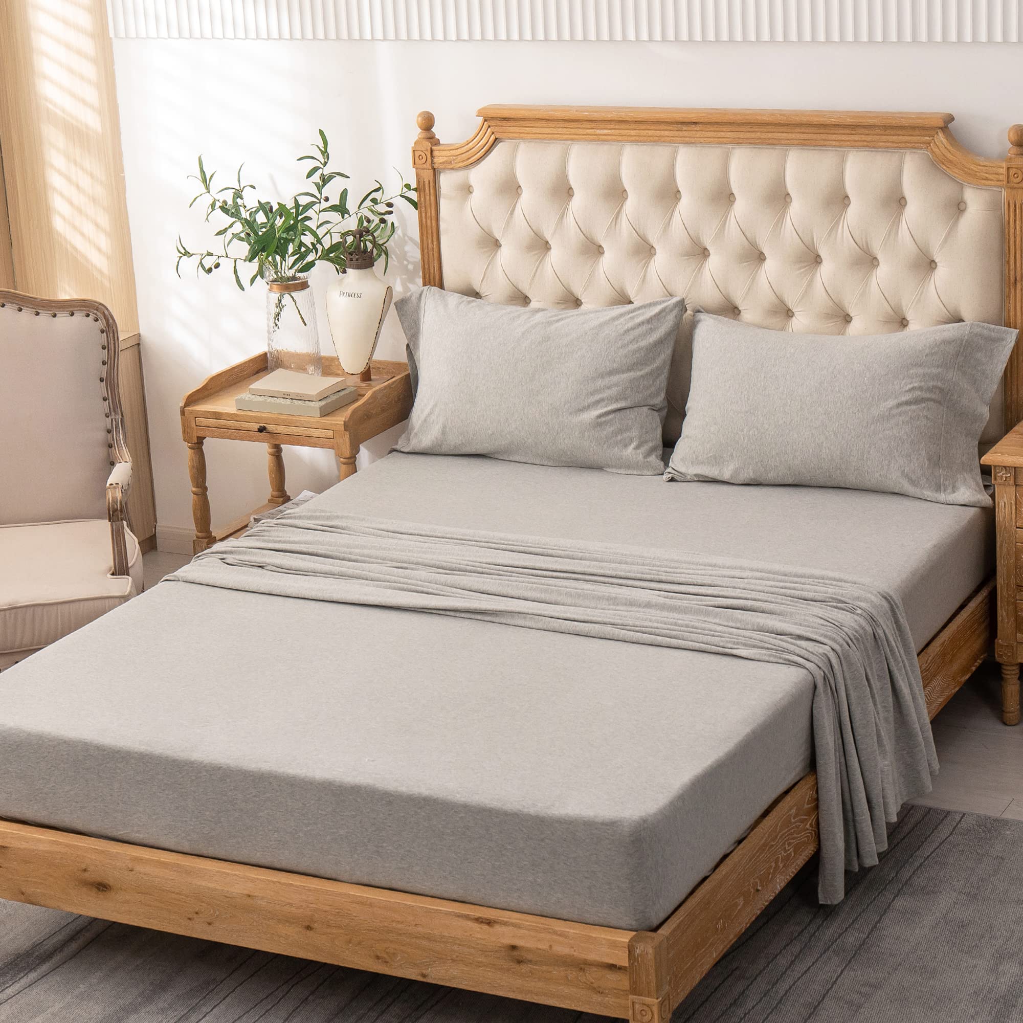 PURE ERA Jersey Knit 4pc Bed Sheet Set 100% T-Shirt Heather Cotton Super Soft Comfy Breathable Fits Mattress Up to 20" Extra Deep Pocket (Heather Light Grey, Cal King)