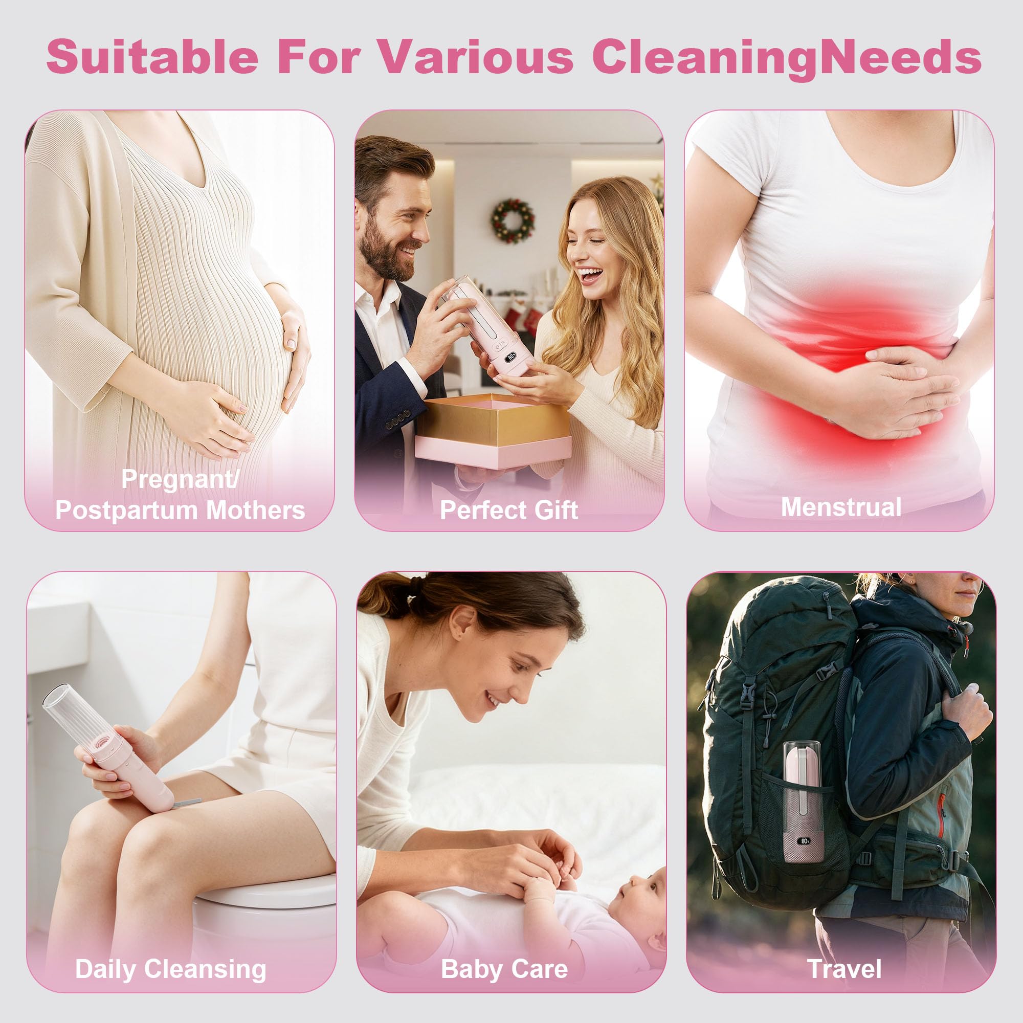 WeWi HLTH Electric Portable Bidet – Rechargeable Travel Bidet for Women Postpartum Care & Personal Hygiene | with 3 Pressure Modes for Home Travel & Camping (Pink)