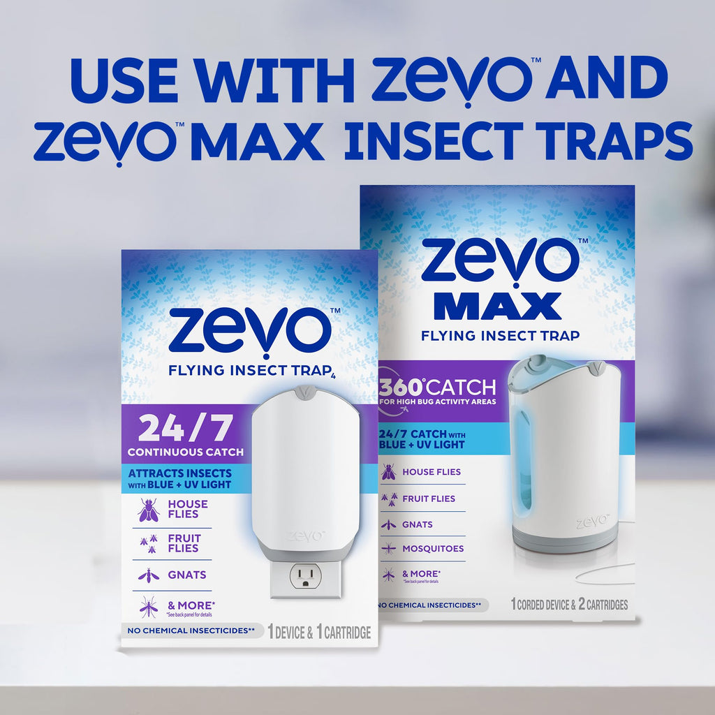 Zevo Flying Insect Trap Official Refill Cartridges - Fits Both Zevo Trap & MAX Indoor Fly Trap - Authentic Trap+Lock Technology to Catch Gnats, House & Fruit Flies (4 Official Refill Cartridges)