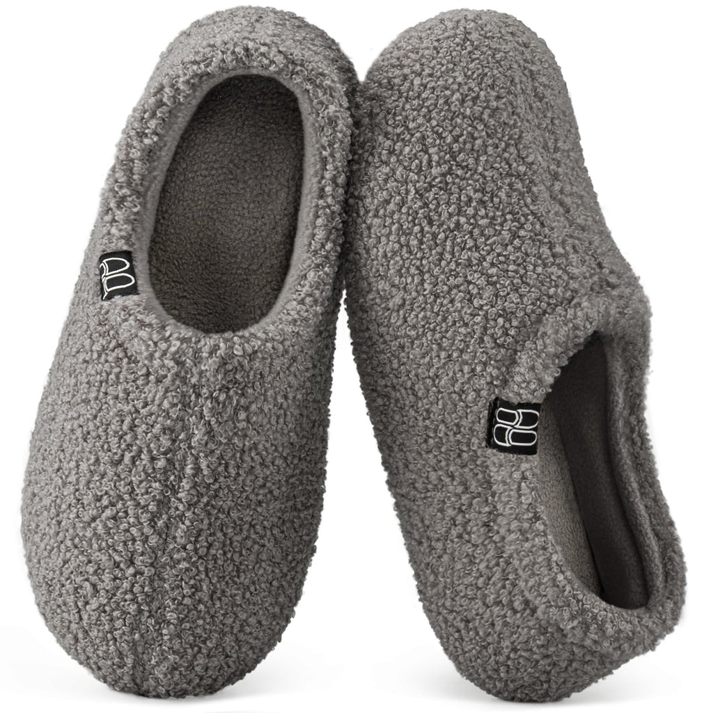 HomeTop Women's Fuzzy Curly Fur Memory Foam Loafer Slippers Bedroom House Shoes with Polar Fleece Lining (8.5, Grey)