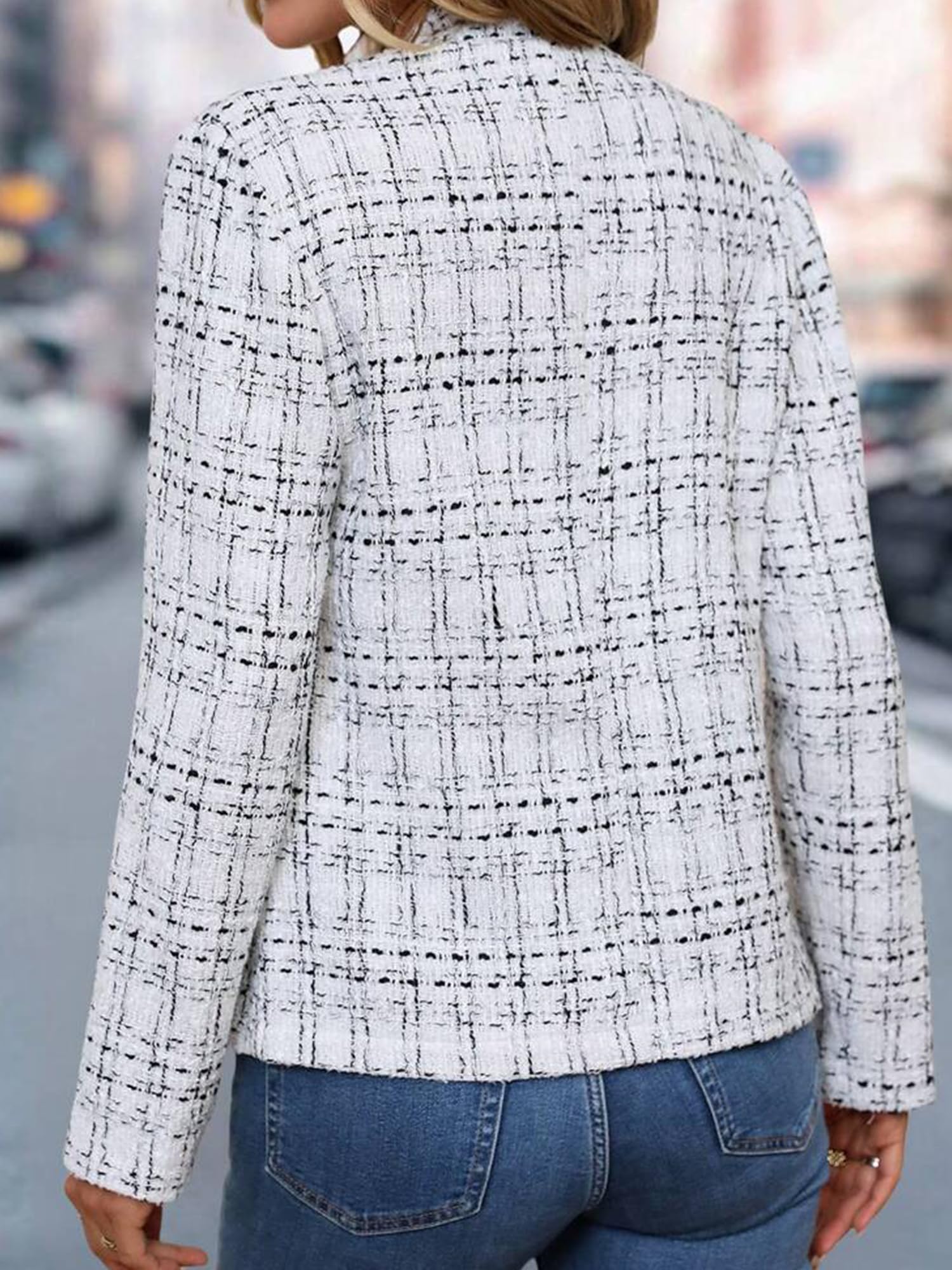 ELLEVEN Womens Blazer Business Casual Suit Jacket Tweed Blazers for Women Slim Fit Fitted Long Sleeve Stand Collar Blazer Dressy Full Lining Coat Cardigan with Padded Shoulder White Large