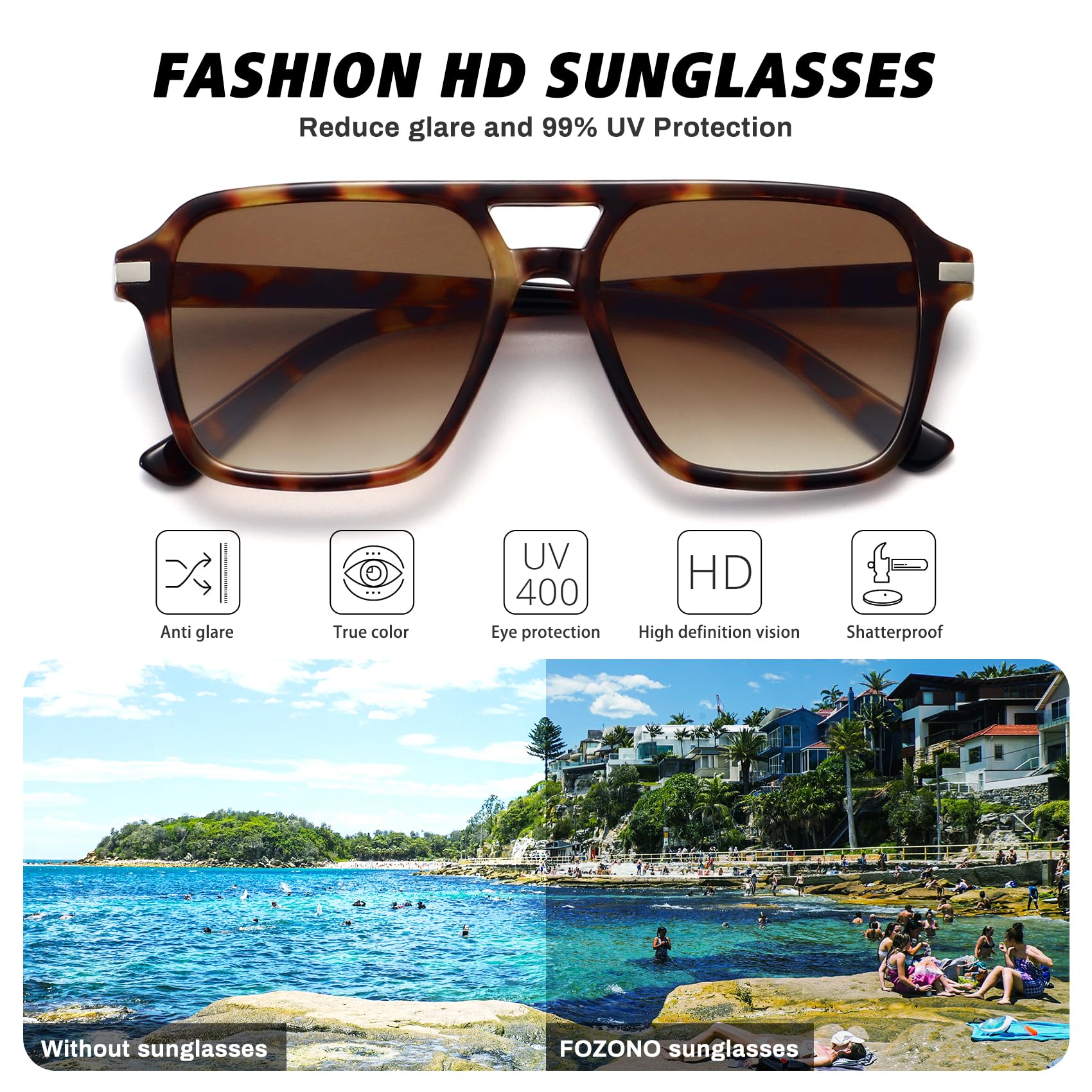 Fozono Retro Aviator Sunglasses for Women Men Trendy Classic Square 70s 80s 90s Vintage Shades Double Bridge Aviators FZN813 Brown Tortoise/Gradient Brown