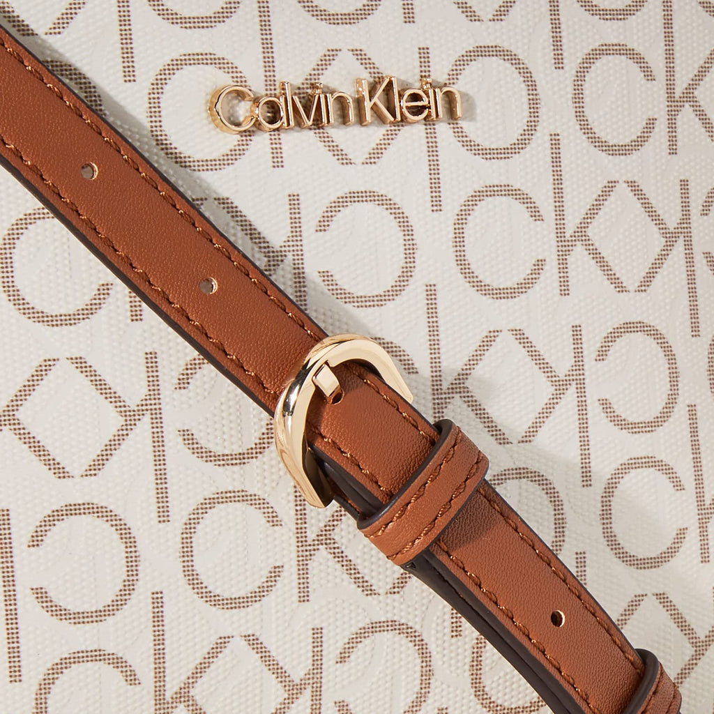 Calvin Klein Women's Lucy Triple Compartment Crossbody, Vanilla/Khaki/Caramel Embossed, One Size