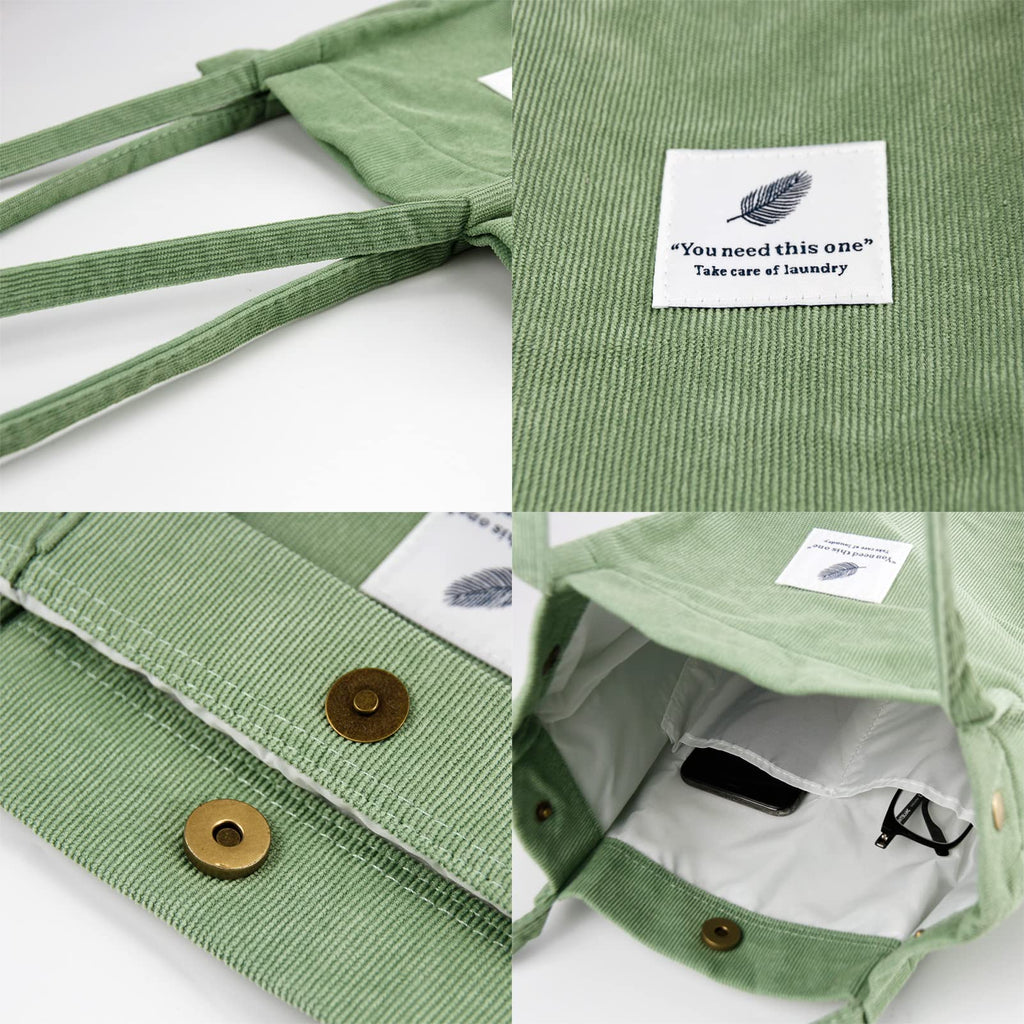 Corduroy Tote Bag Cute Tote Bags for Women Shoulder Bag with Inner Pocket for Work Beach Travel and Shopping Grocery (Matcha Green)