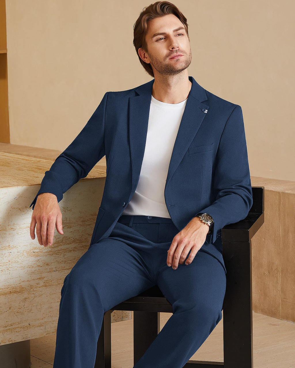WULFUL Men's 2 Piece Slim Fit Suit Set One Button Blazer Jacket Pants Set Navy