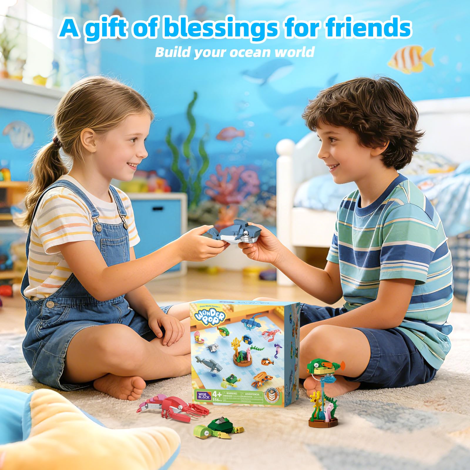 Wise Block Ocean World Building Set, 556 Pcs Sea Animals Building Toy, Educational STEM Learning Toys Party Favors for Girls Boys, Ages 4+, Birthday Gift Toddler Beach Toy with Shark, Turtle, Fish