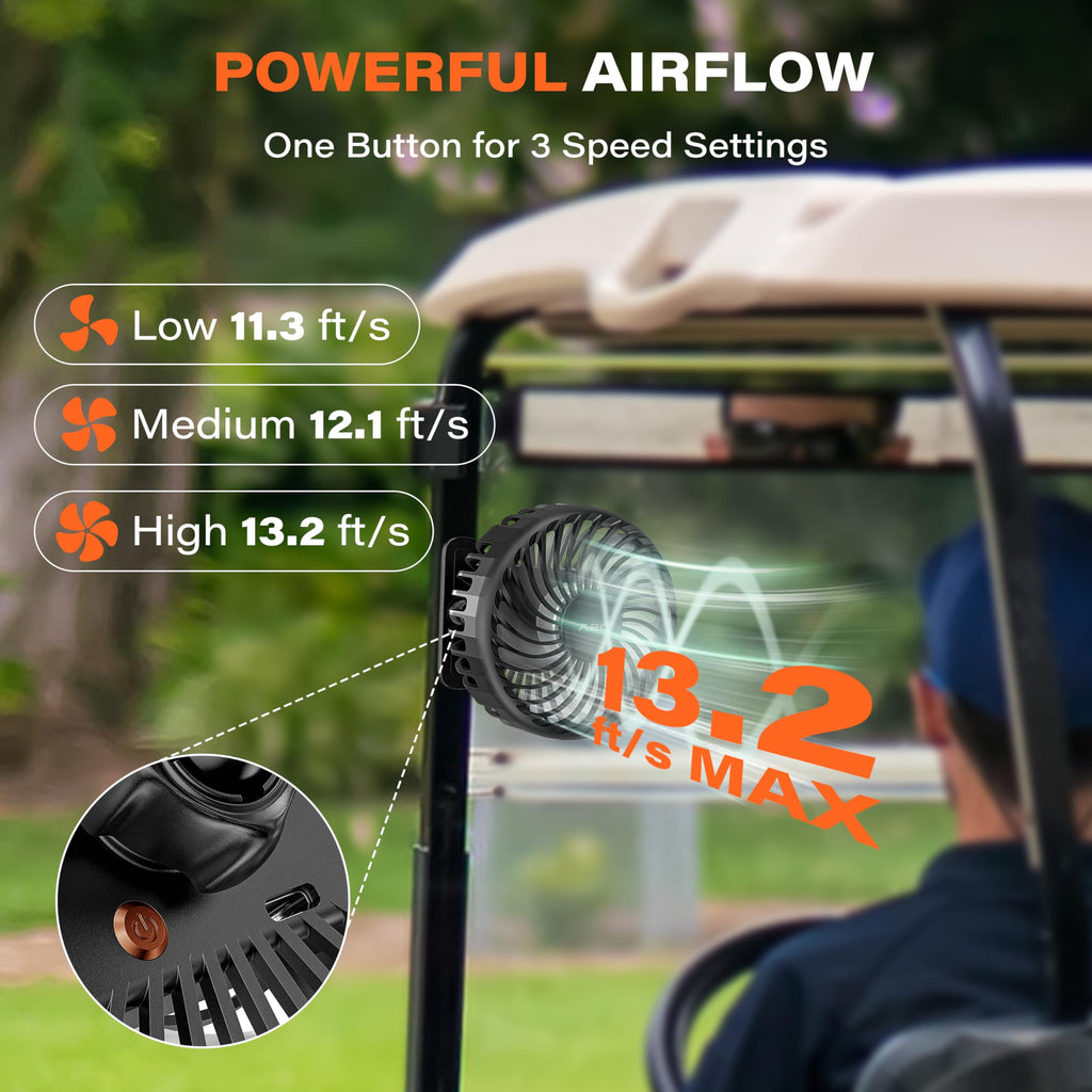 A2C Golf Cart Fan Rechargeable Magnetic Base Battery Operated Portable Fan 3 Speeds 4000 RPM Strong Airflow Compatible with Yamaha, EZGO, Club Car - 360° Rotatable Golf Cart & Cruise Ship Accessories