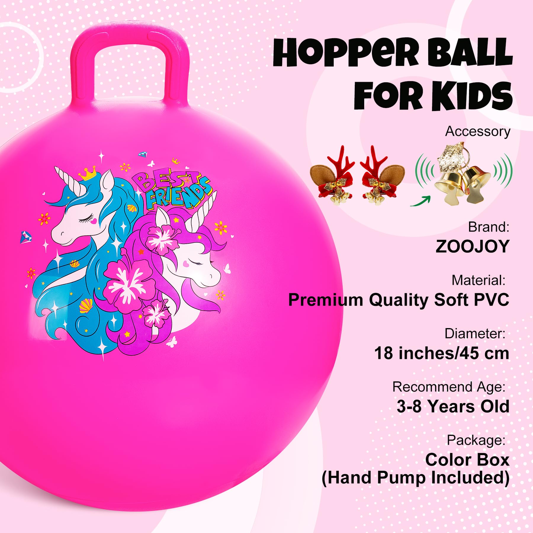 ZOOJOY Hopper Ball, Pink Bouncy Balls for Kids, 18 Inch Sit on Jumping Toys with Handle for Girls Gift Aged 3-8, Inflatable Unicorn Bounce Hopper Balls Toy with Pump