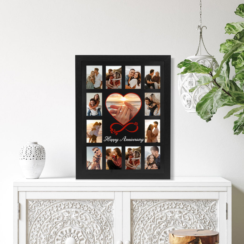 FramePro 12x16 Heart Anniversary Collage Picture Frame, DIY Names Custom Multi Photo Frame Holds 13 Photos, Anniversary Decorations Gifts for Couples Husband Wife, 1st Year Wedding & Valentine’s Day Gift Ideas (Black)