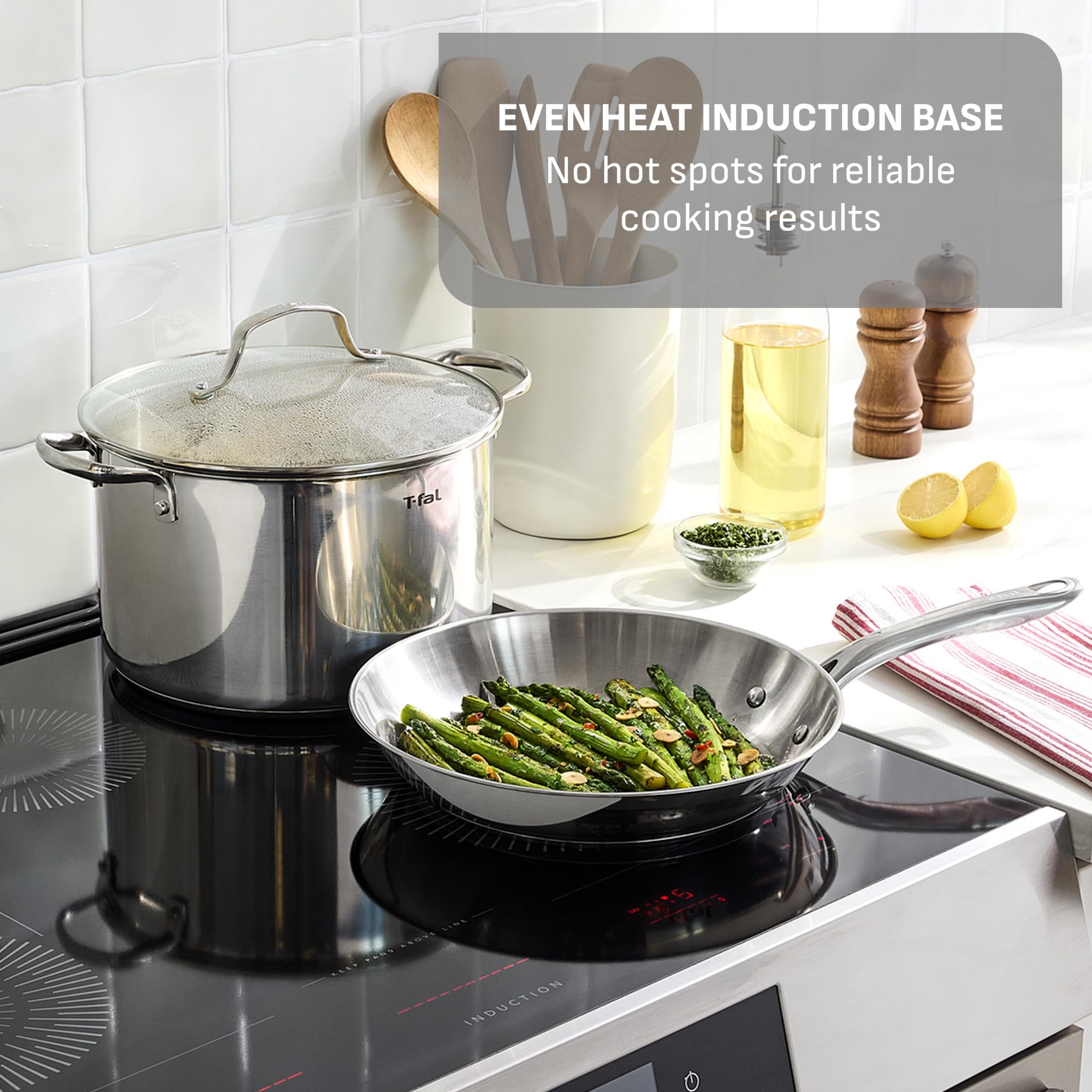 T-fal Stainless Steel Cookware Set 11 Piece, Induction, Oven Broiler Safe 500F, Kitchen Cooking Set w/Fry Pans, Saucepans, Saute Pan, Dutch Oven, Steamer, Pots and Pans, Dishwasher Safe, Silver