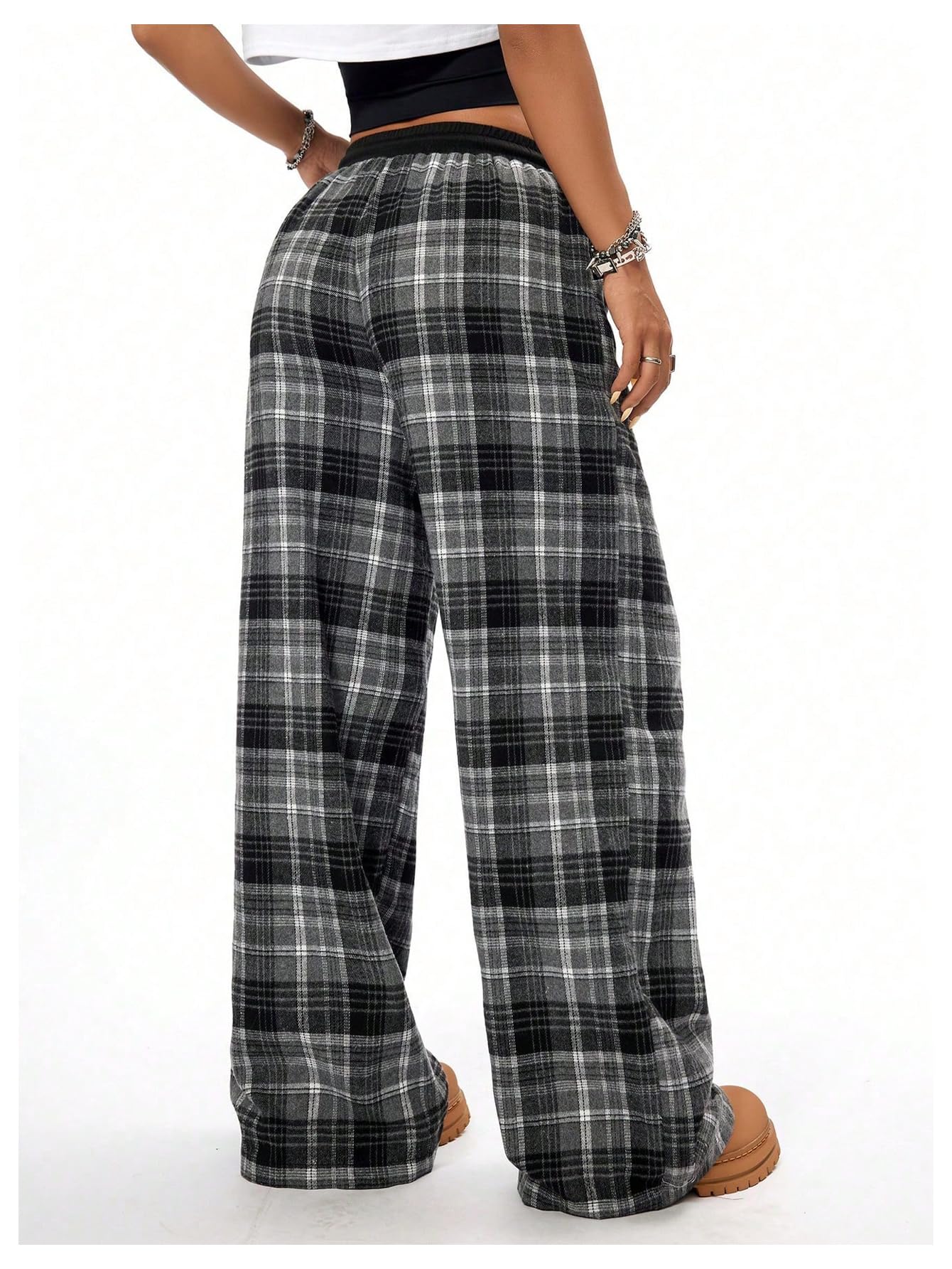 WDIRARA Girl's Plaid Elastic Waist Pants Wide Leg Long Baggy Pants with Pockets Dark Grey 9Y