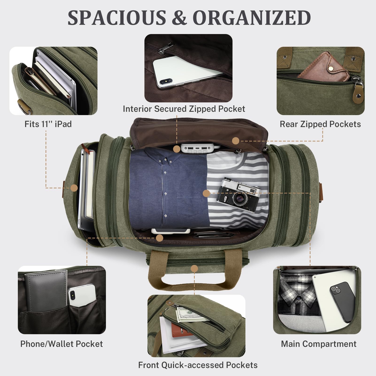 Gonex Canvas Duffle Bag for Travel 50L Duffel Overnight Weekender Bag (Army Green)