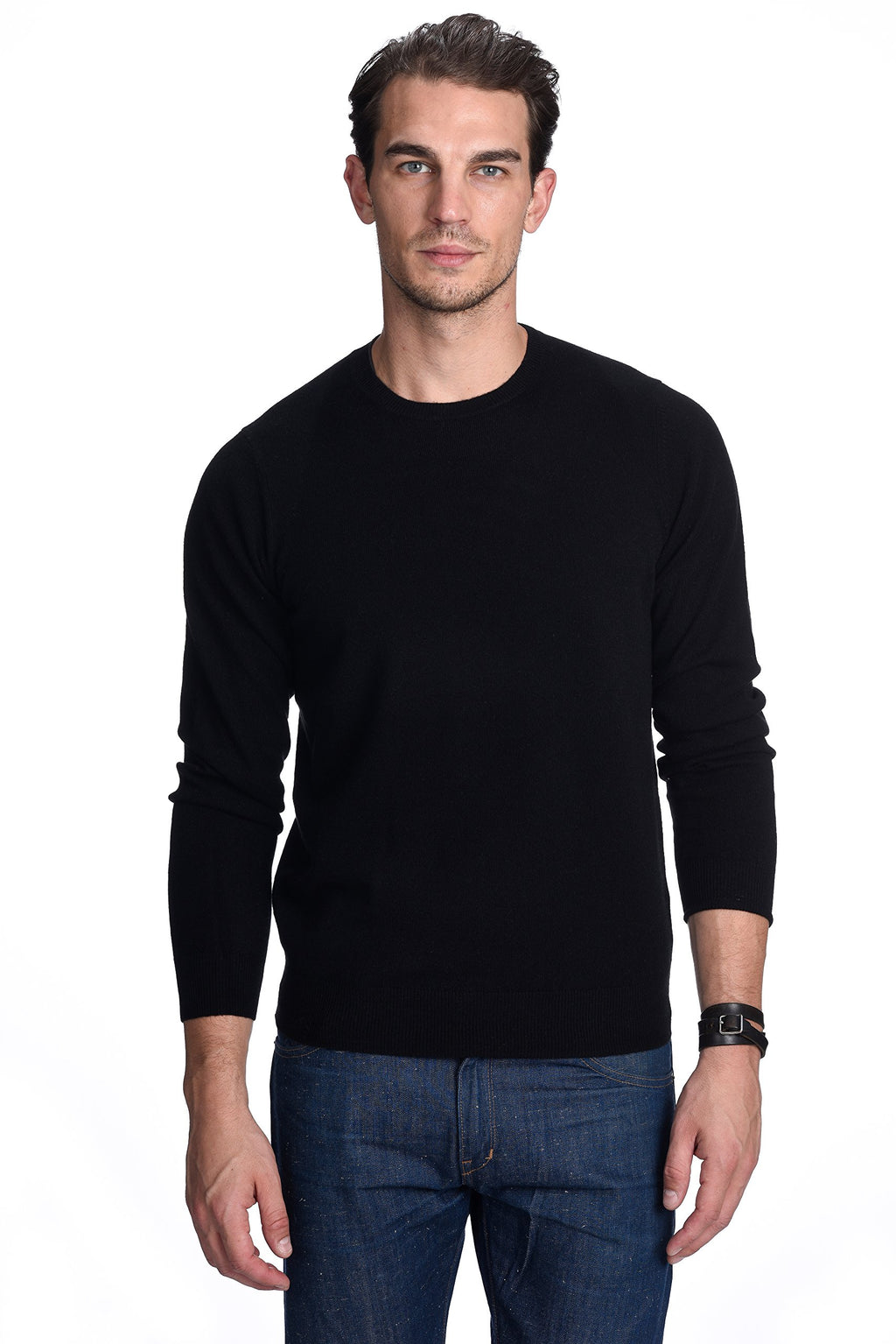 State Cashmere Men's Essential Crewneck Sweater 100% Pure Cashmere Classic Long Sleeve Pullover (Black, Large)