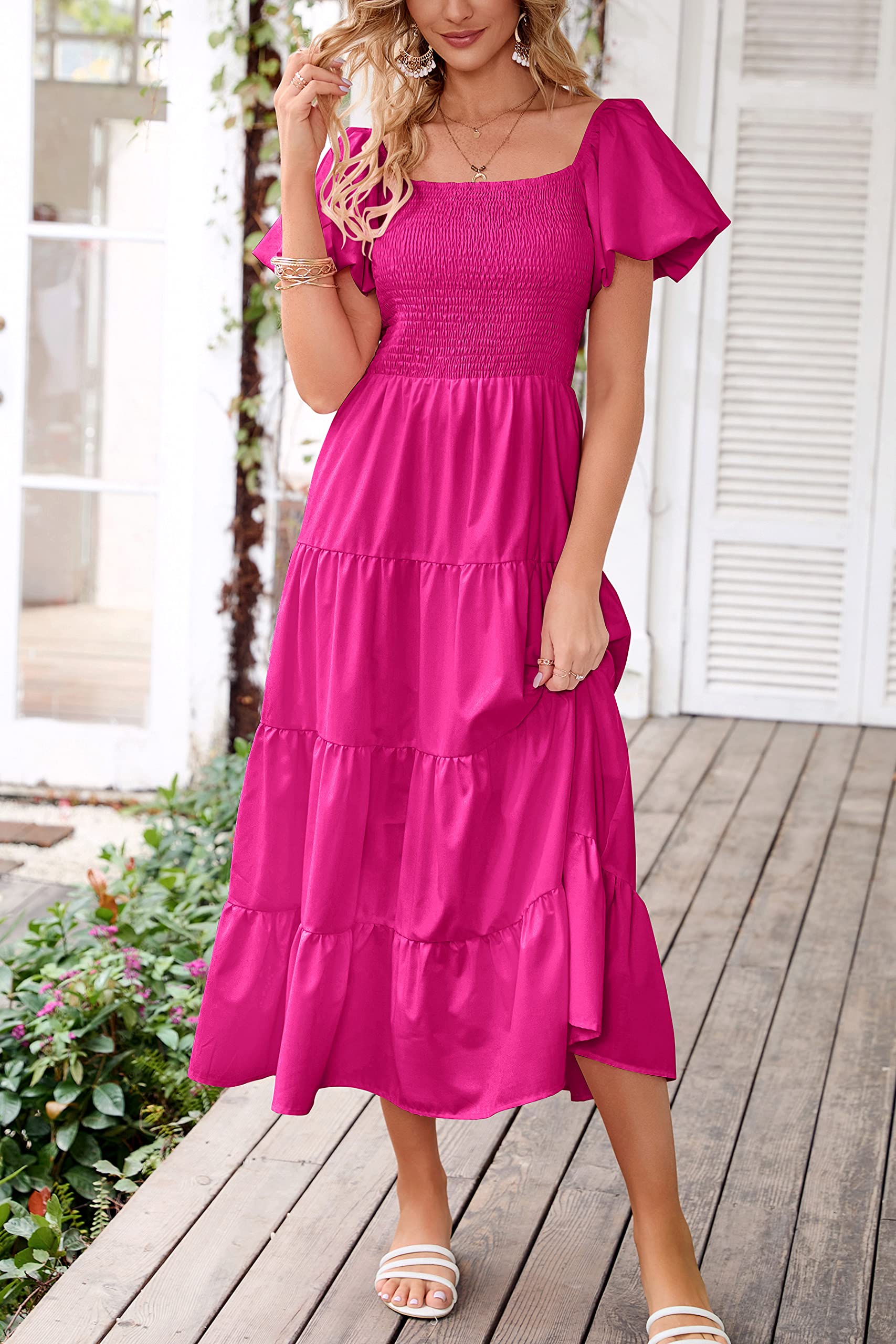 PRETTYGARDEN Women's Casual Summer Midi Dress Puffy Short Sleeve Square Neck Smocked Tiered Ruffle Dresses, Lightweight (Dark Rose Red,Small)