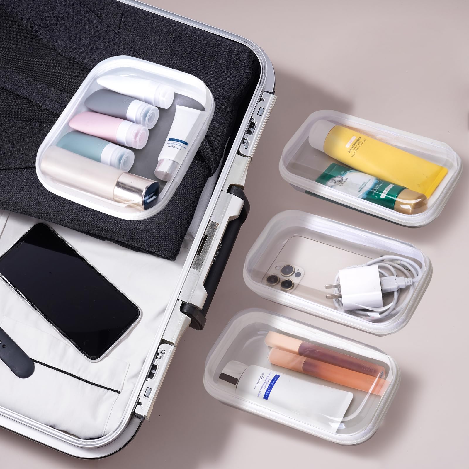 WELPIRT 4 pcs Clear Zipper Pouches,Hard Shell Zipper Case, Toiletry Bag for Travel, CLear Diaper Bag, Toiletry Pouch, Travel Organizer, Cosmetic Bag,Toy Storage Bins (M+3S)