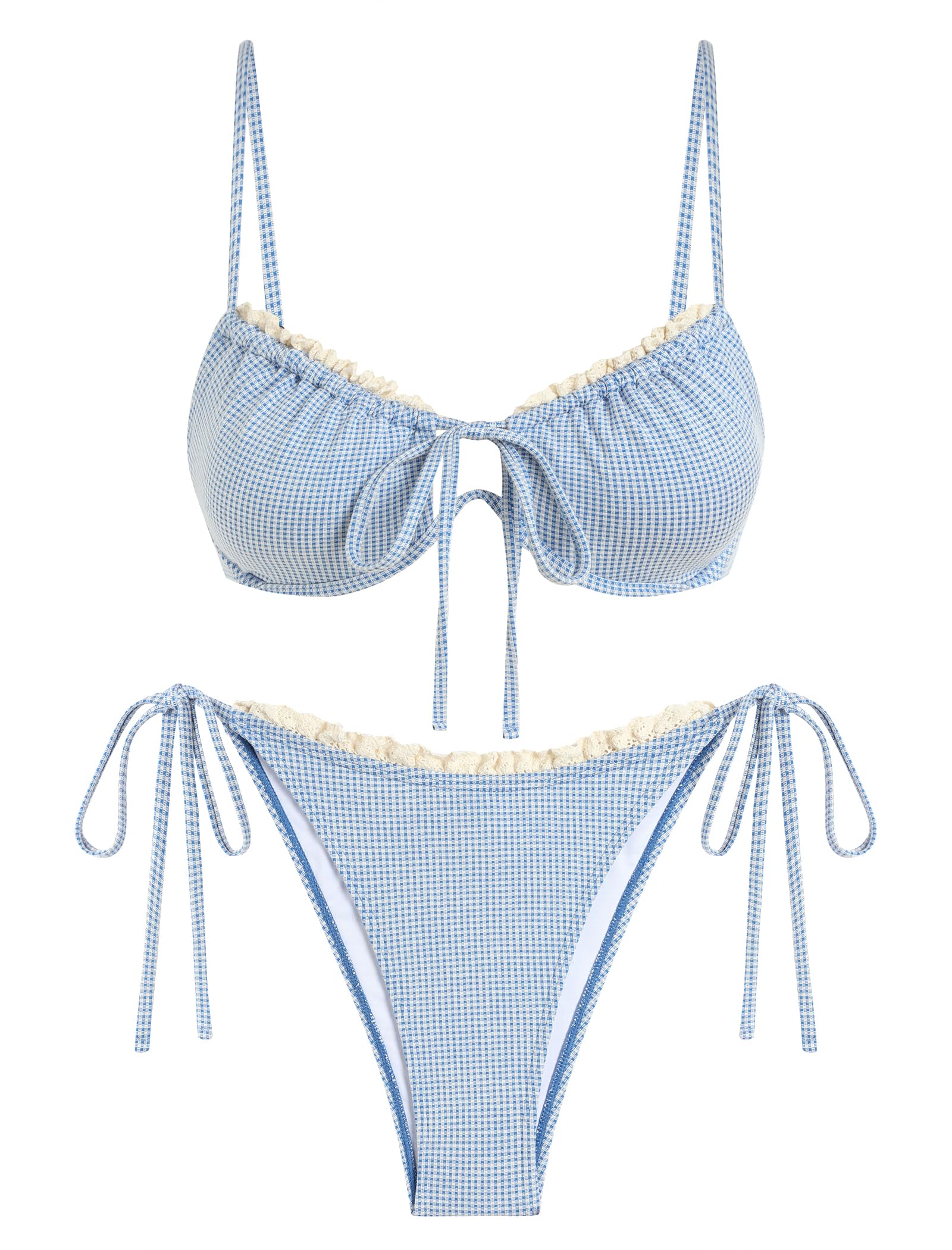 ZAFUL Women High Cut Bikini Sets String Sexy Swimsuit Two Piece Underwire Bathing Suit Brazilian Cheeky Cut Out Cute Swimwear Gingham Blue M