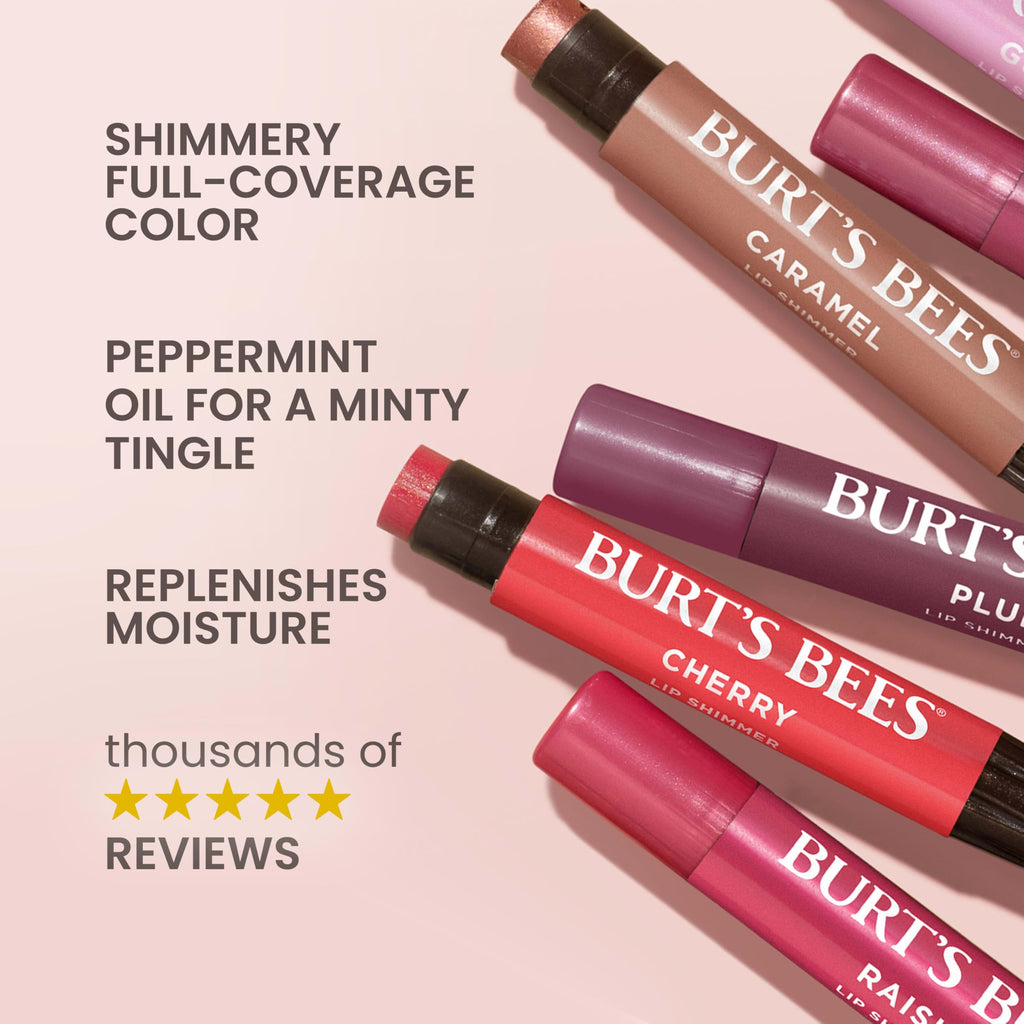Burt's Bees Lip Shimmer Pink Collection for Valentine's Day Gifts, Tinted Lip Balm Stick, Moisturizing for All Day Hydration with Natural Glowy Pigmented Finish & Buildable Color, Value Pack, 3 Tubes